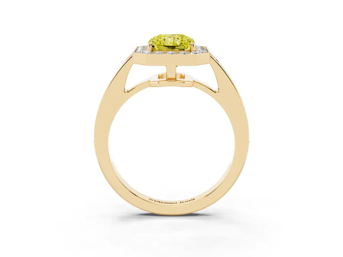 Fancy Yellow Radiant Cut Halo Pavé Diamond Engagement Ring with Bezel Setting Yellow gold