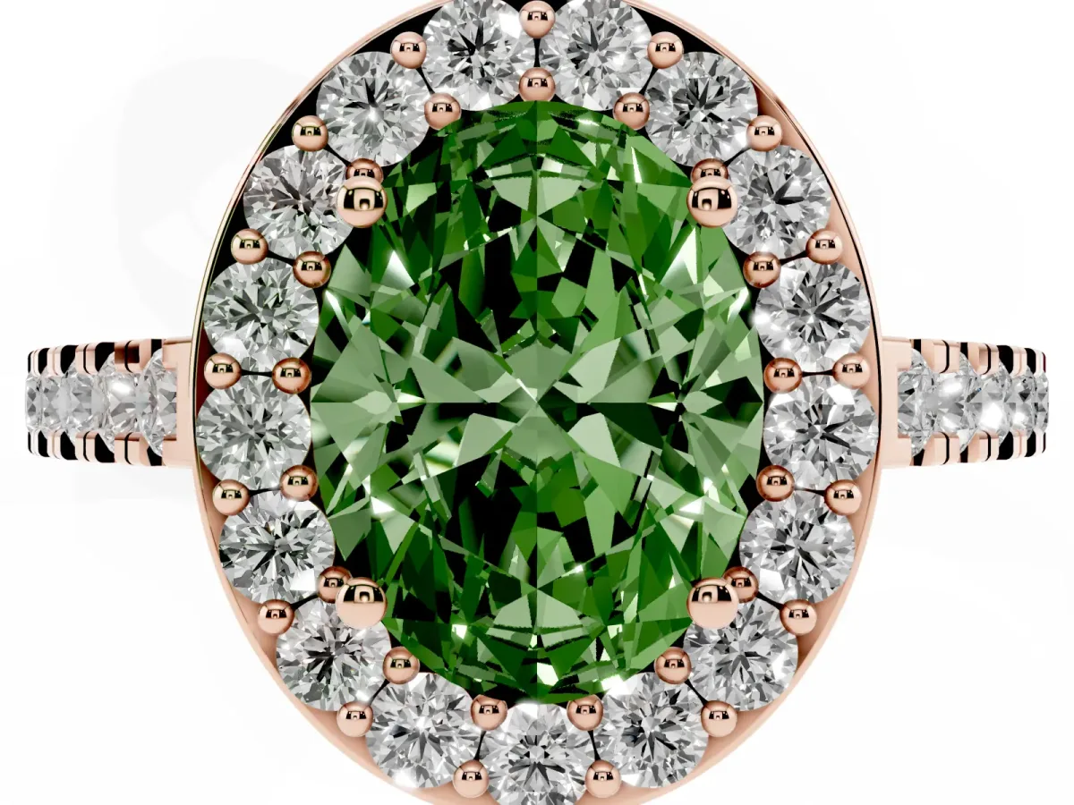 Fancy Green Oval Cut Diamond Halo Ring with Round Pavé Split Shank and Prong Setting Rose gold