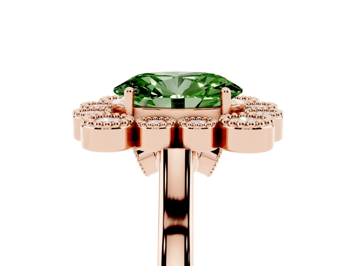 Fancy Green Oval Cut Halo Diamond Cluster Engagement Ring with Milgrain Bezel Setting and Solitaire Band Rose gold