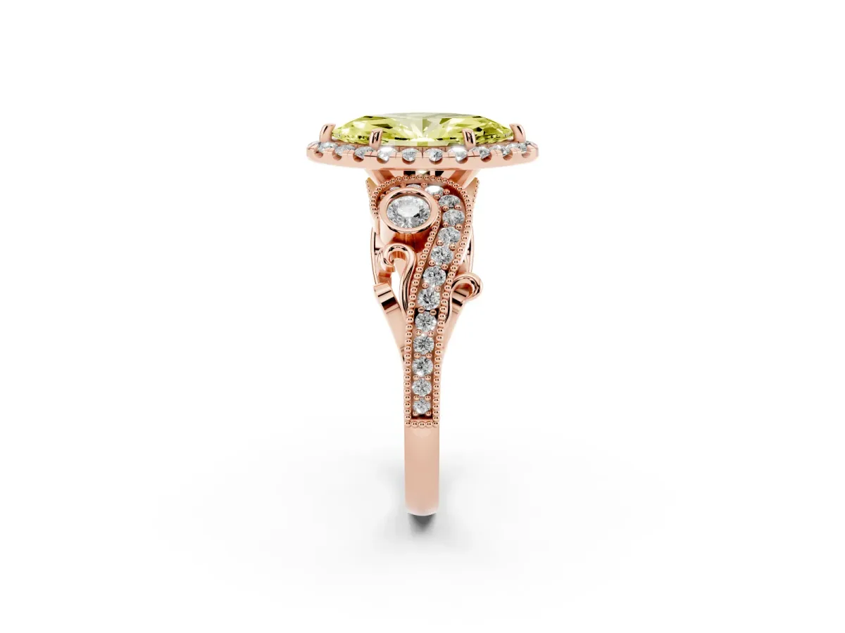 Fancy Yellow Marquise Cut Halo Diamond Ring with Milgrain and Bezel Accents on a Split Shank Band Rose gold