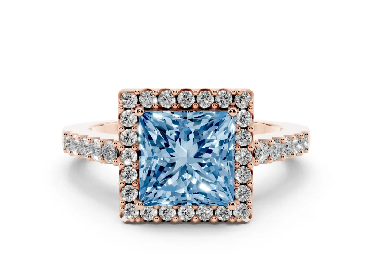 Fancy Blue Princess Cut Halo Diamond Pavé Solitaire Ring Rose gold
