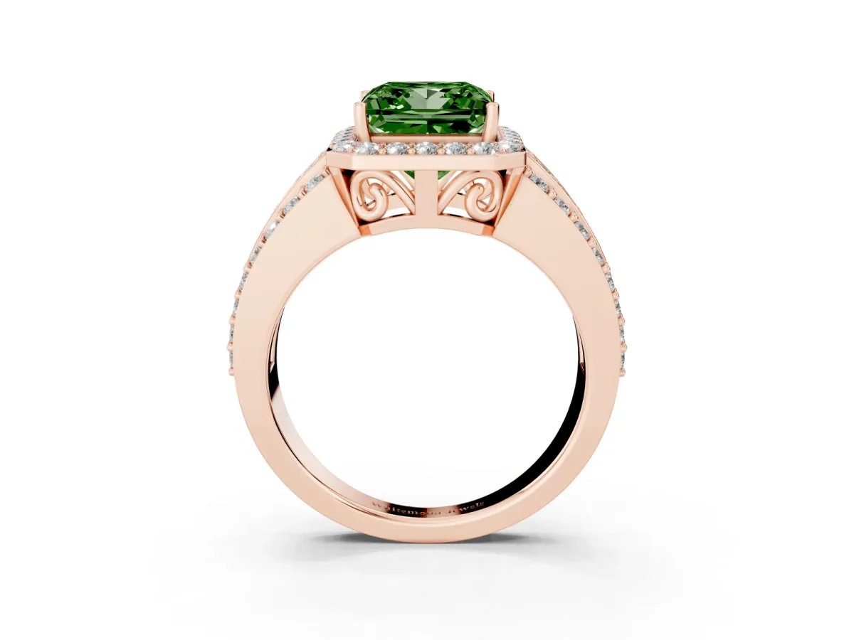 Fancy Green Princess Cut Halo Diamond Ring with Round Split Shank and Prong Setting Rose gold