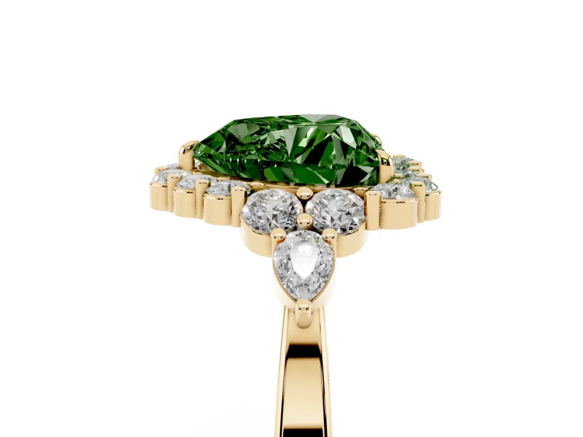 Fancy Green Heart Cut Diamond Halo Ring with Pear Side Stones and Prong Setting Yellow gold