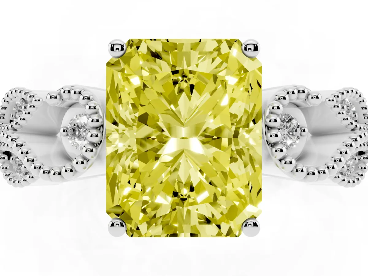 Fancy Yellow Radiant Cut Solitaire Milgrain Leaf Band with Prong Setting Platinum