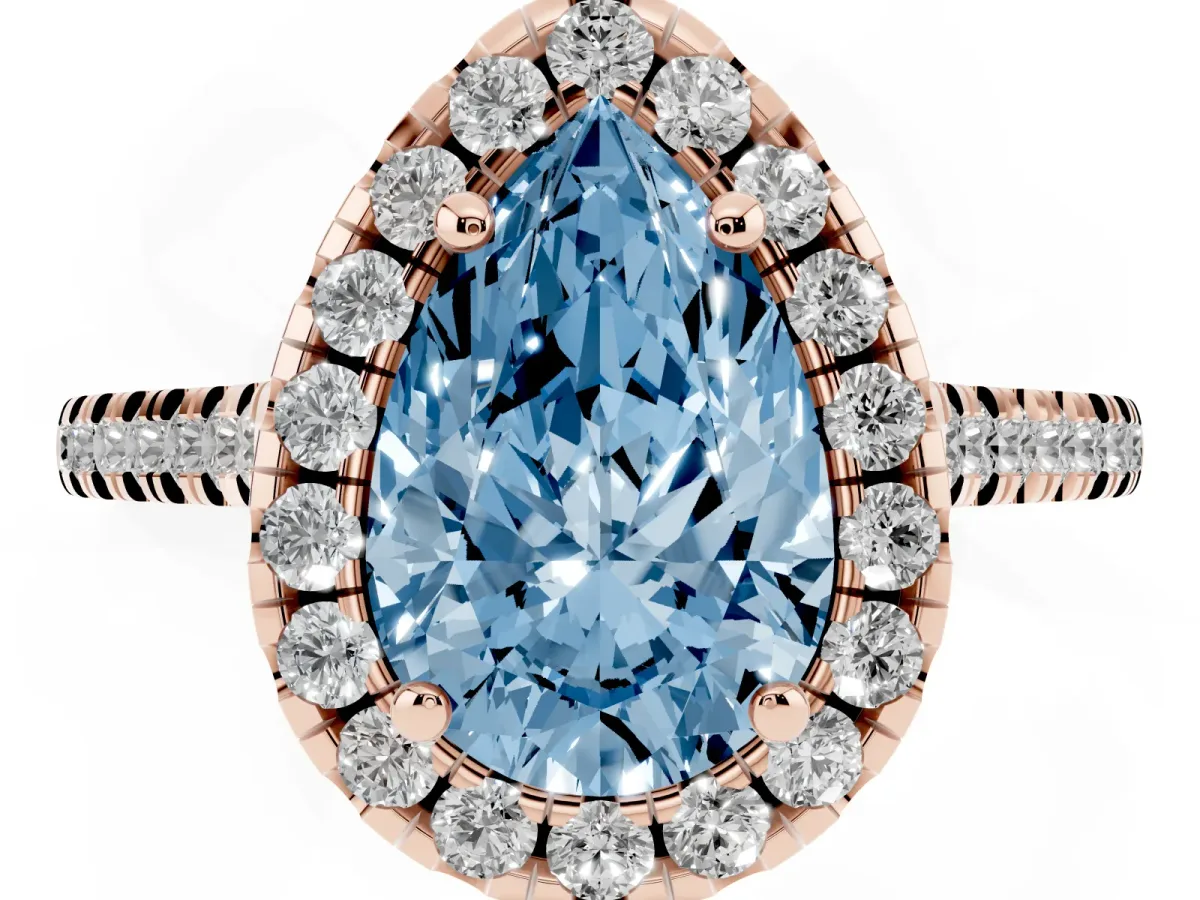 Fancy Blue Pear Cut Diamond Cushion Halo Ring with Pavé Band Rose gold