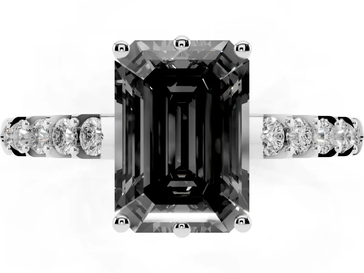 Fancy Black Emerald Cut Solitaire Diamond Engagement Ring with Pavé Band and Six-Prong Setting Platinum
