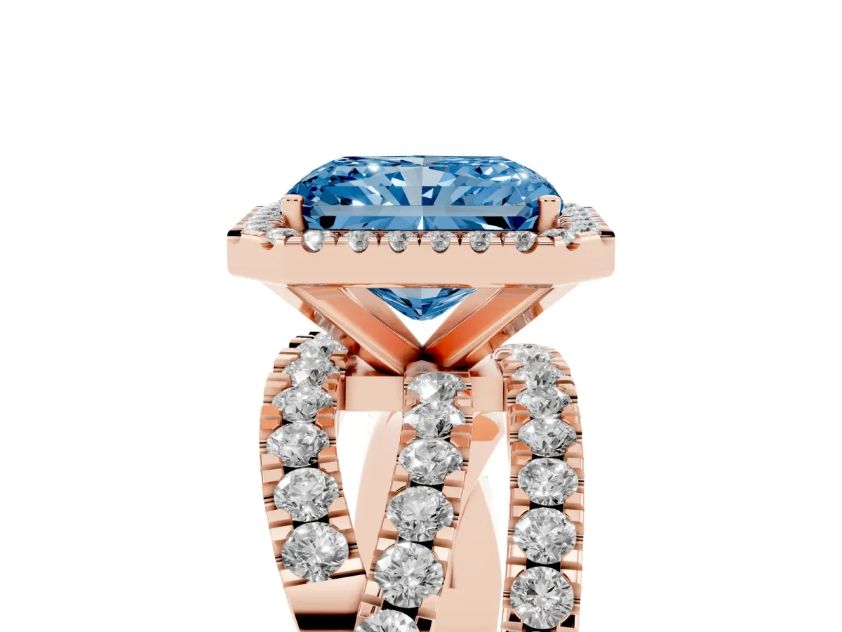 Fancy Blue Radiant Cut Diamond Halo Ring with Round Split Shank and Prong Setting Rose gold