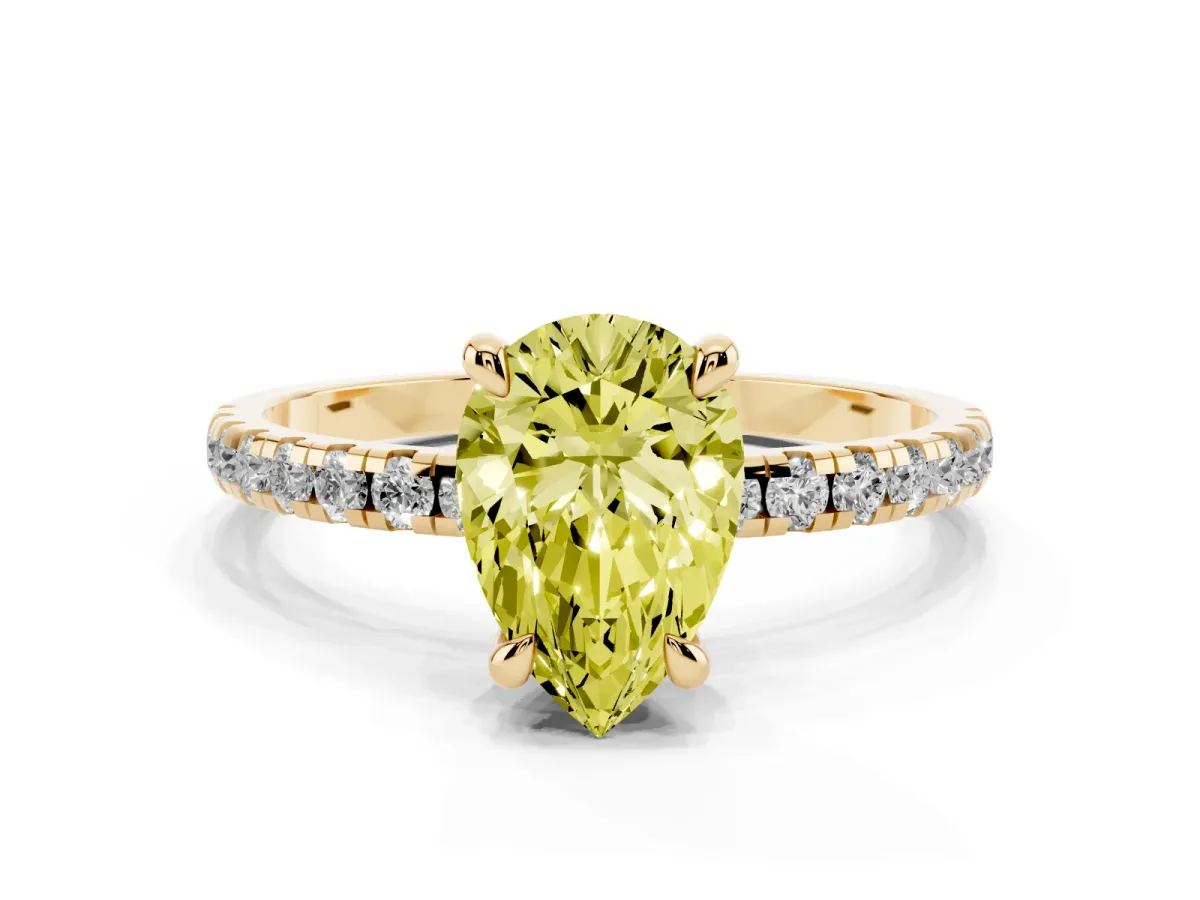 Fancy Yellow Pear Cut Diamond Brilliant Solitaire Ring with Pavé Band and Four-Prong Setting Yellow gold