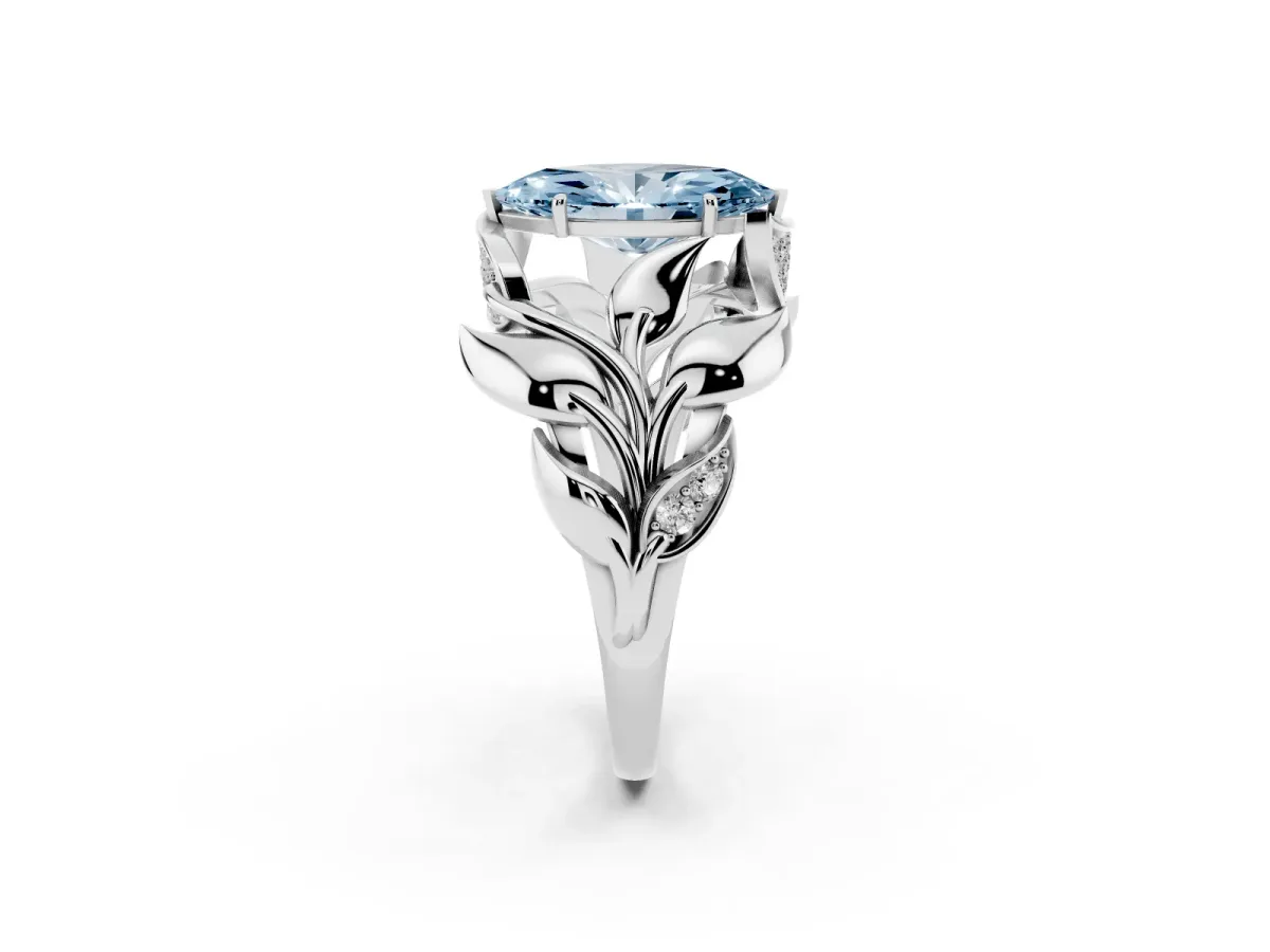 Fancy Blue Marquise Cut Diamond Leaf-Inspired Engagement Ring with Round Accents and Prong Setting Silver