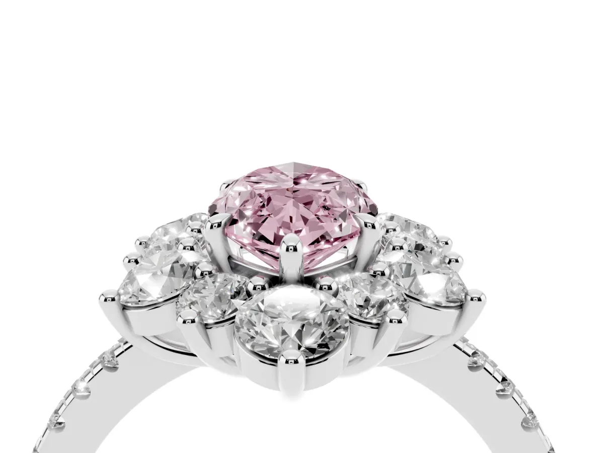 Fancy Pink Marquise Cut Diamond Floral Halo Ring with Round Pavé Band and Prong Setting White gold