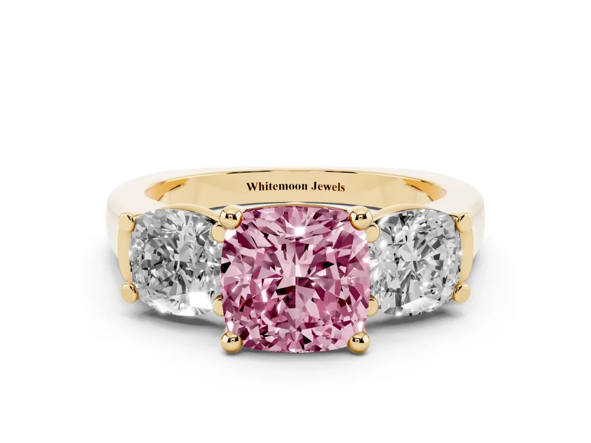 Fancy Pink Three-Stone Cushion Cut Brilliant Diamond Trellis Ring with Comfort Fit Band Yellow gold