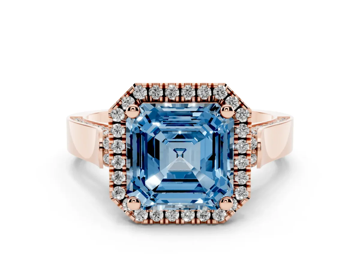 Fancy Blue Asscher Cut Halo Pave Split Shank Prong Setting Ring Rose gold