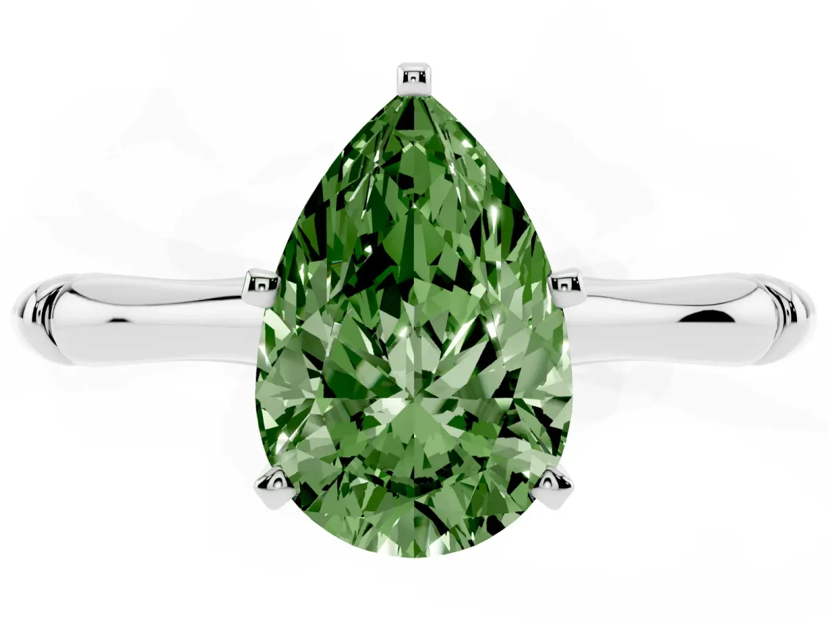 Fancy Green Pear Cut Solitaire Diamond Ring with Bamboo Band and Four-Prong Setting Silver