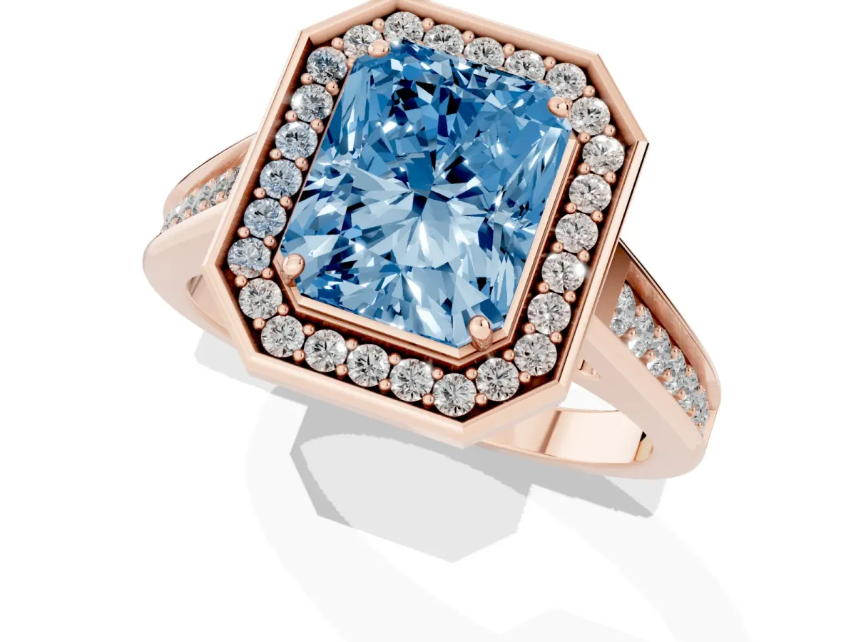 Fancy Blue Radiant Cut Halo Solitaire Diamond Ring with Pave Band and Bezel Setting Rose gold
