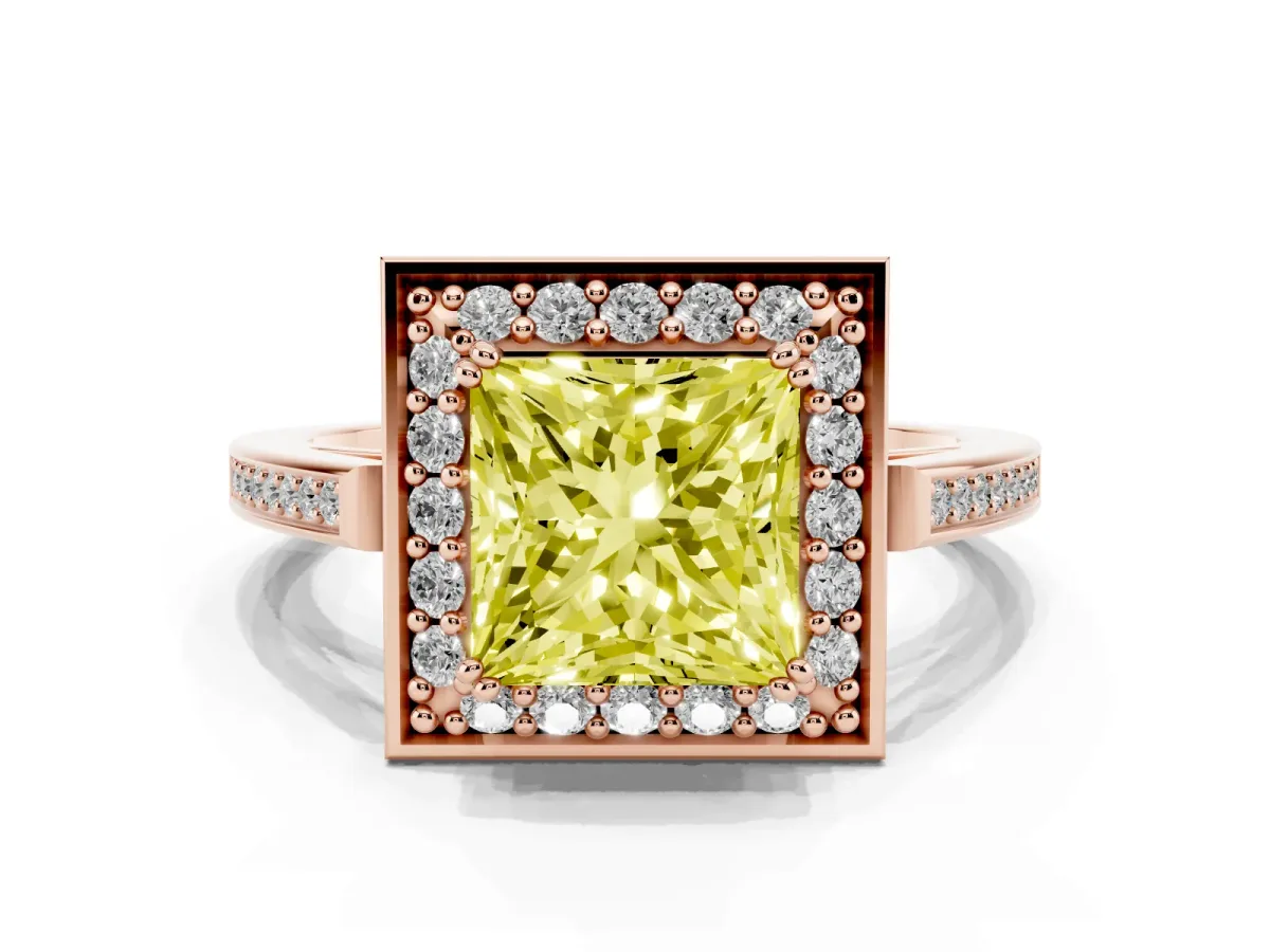 Fancy Yellow Princess Cut Diamond Halo Ring with Split Shank and Four-Prong Setting Rose gold