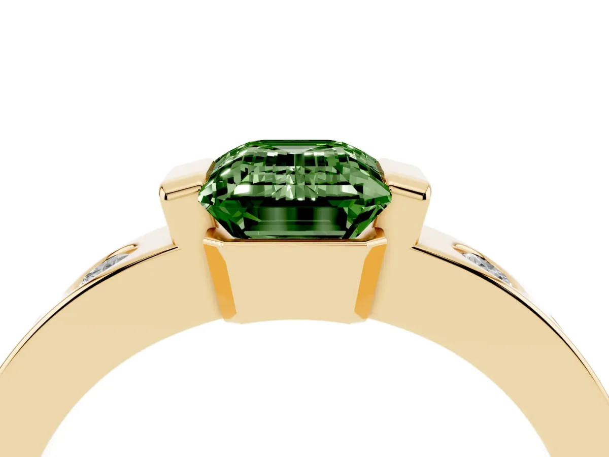 Fancy Green Emerald Cut Brilliant Channel-Set Diamond Ring with Bezel Prong Setting Yellow gold