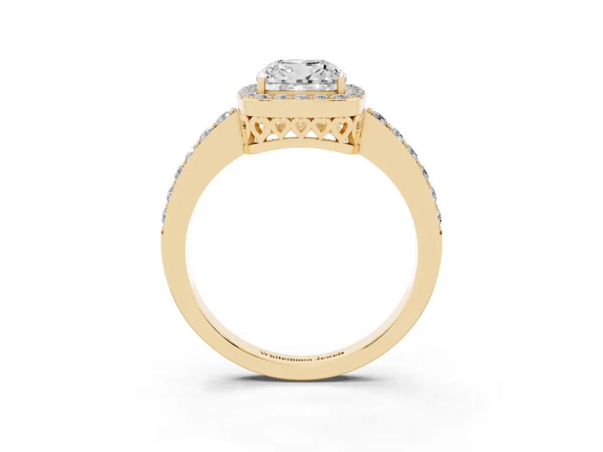 Cushion Cut Halo Diamond Pavé Band Ring with Prong Setting Yellow gold