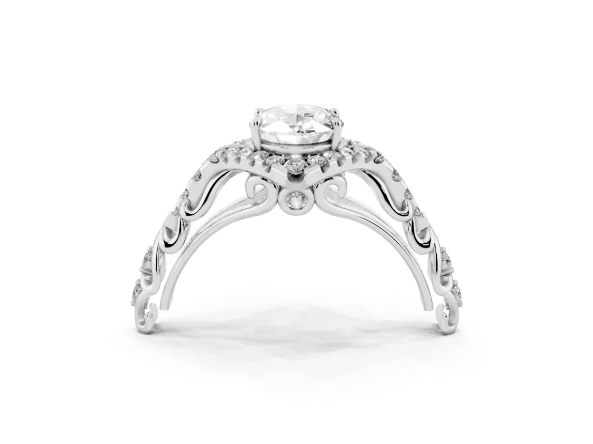 Oval Cut Diamond Solitaire Ring with Hidden Halo and Pavé Band Silver