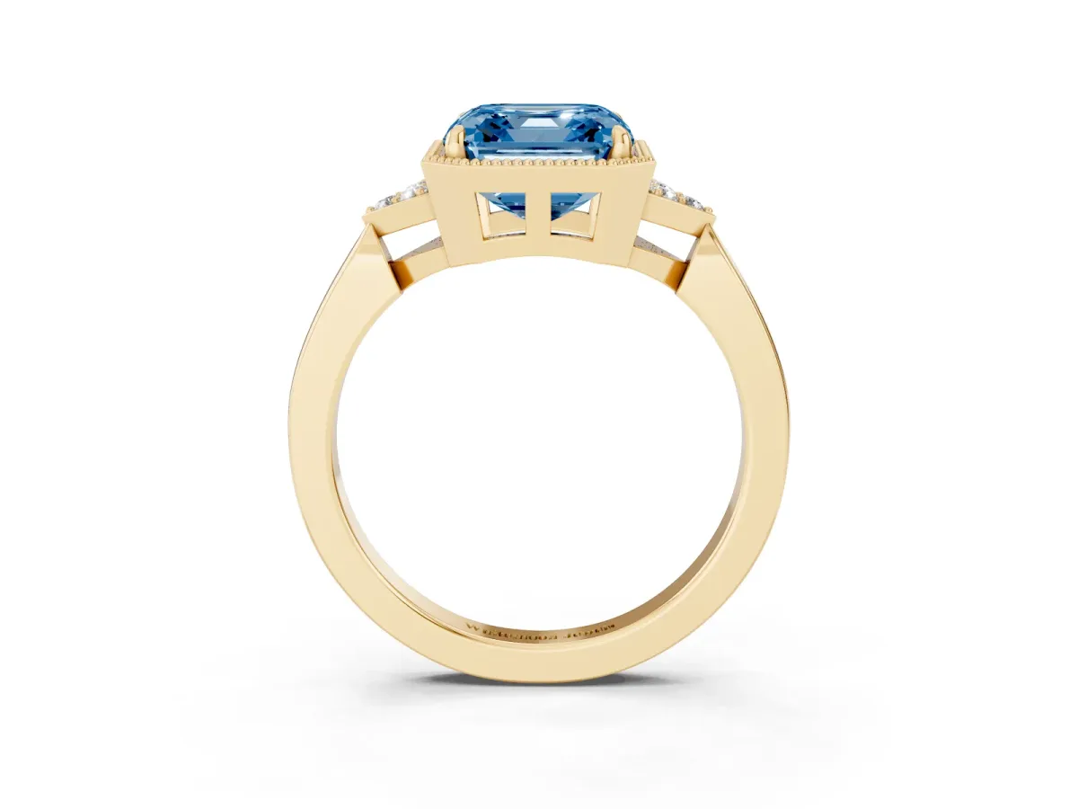 Fancy Blue Milgrain Asscher Cut Cut Diamond Ring with Tapered Pave Band and Four Prong Setting Yellow gold
