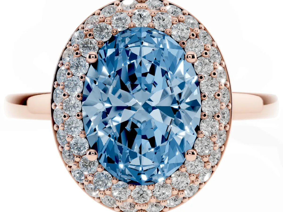 Fancy Blue Oval Cut Halo Diamond Engagement Ring with Solitaire Band and Four-Prong Setting Rose gold