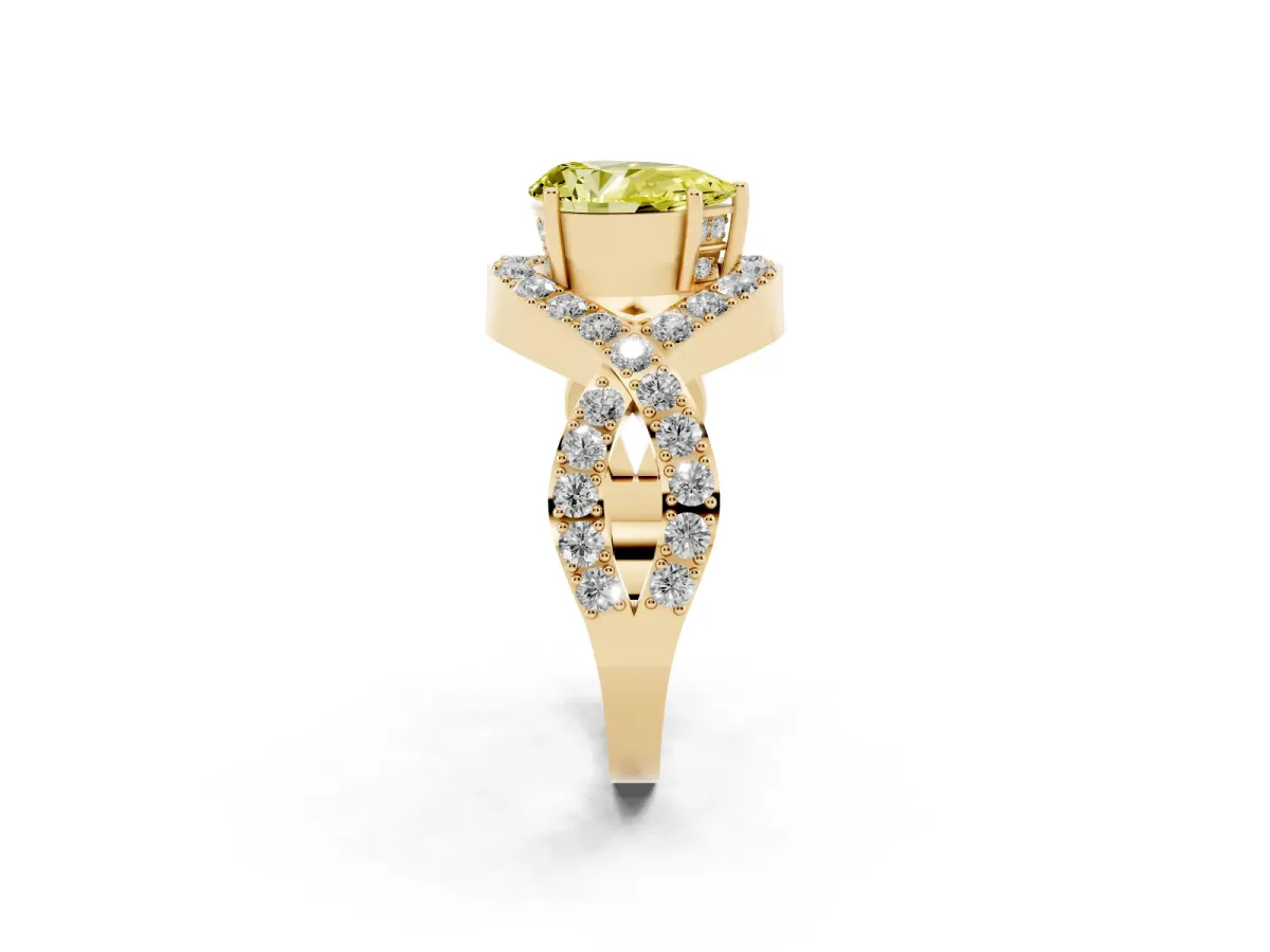 Fancy Yellow Pear Cut Solitaire Twist Band Pavé Diamond Engagement Ring Yellow gold