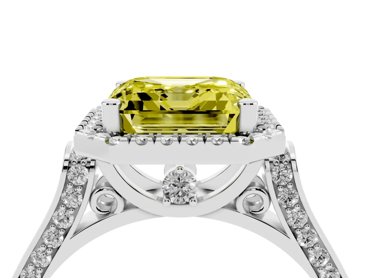 Fancy Yellow Asscher Cut Halo Pave Split Shank Prong Setting Ring Silver