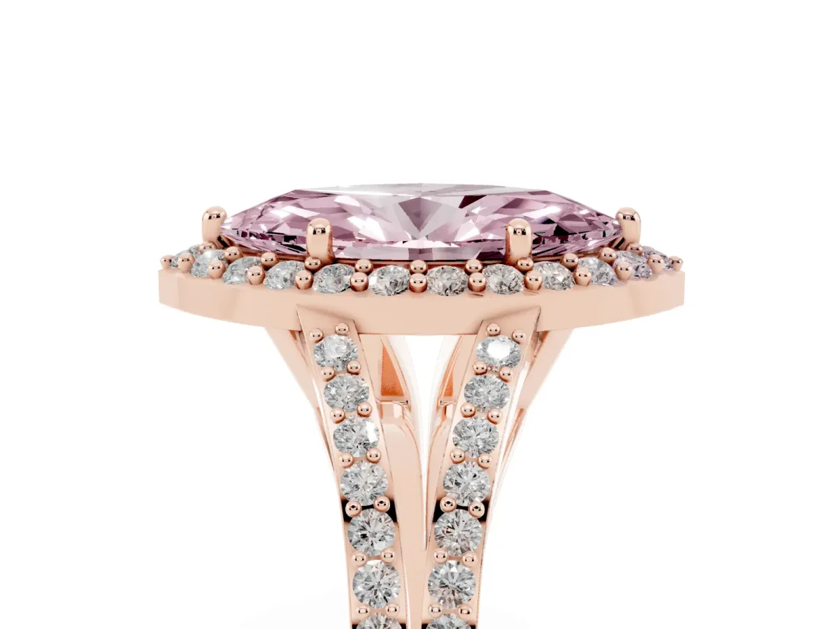 Fancy Pink Marquise Cut Halo Split Shank Pave Diamond Ring with Four-Prong Setting Rose gold