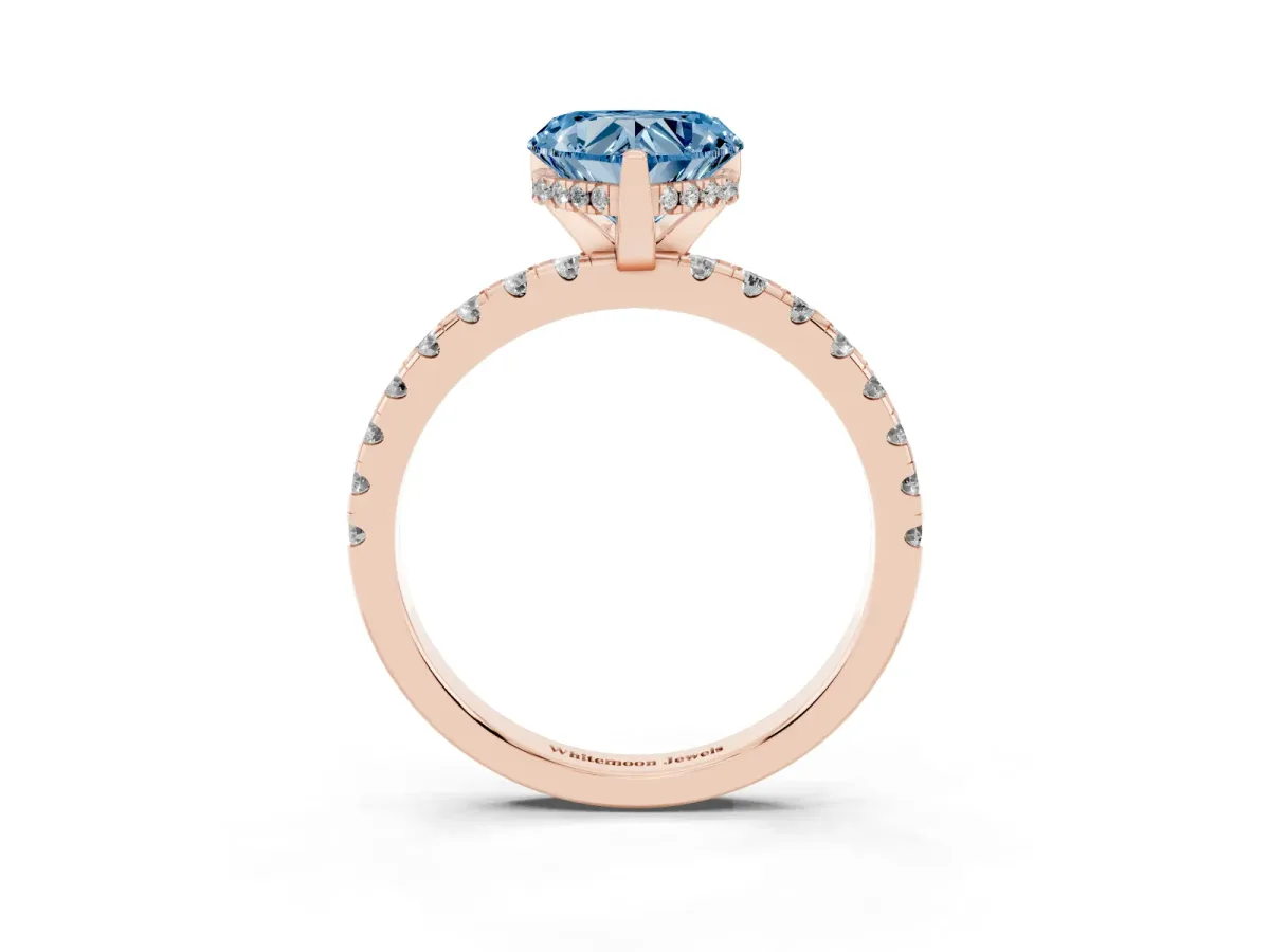 Fancy Blue Heart Cut Diamond Solitaire Ring with Round Pavé Band and Four-Prong Setting Rose gold