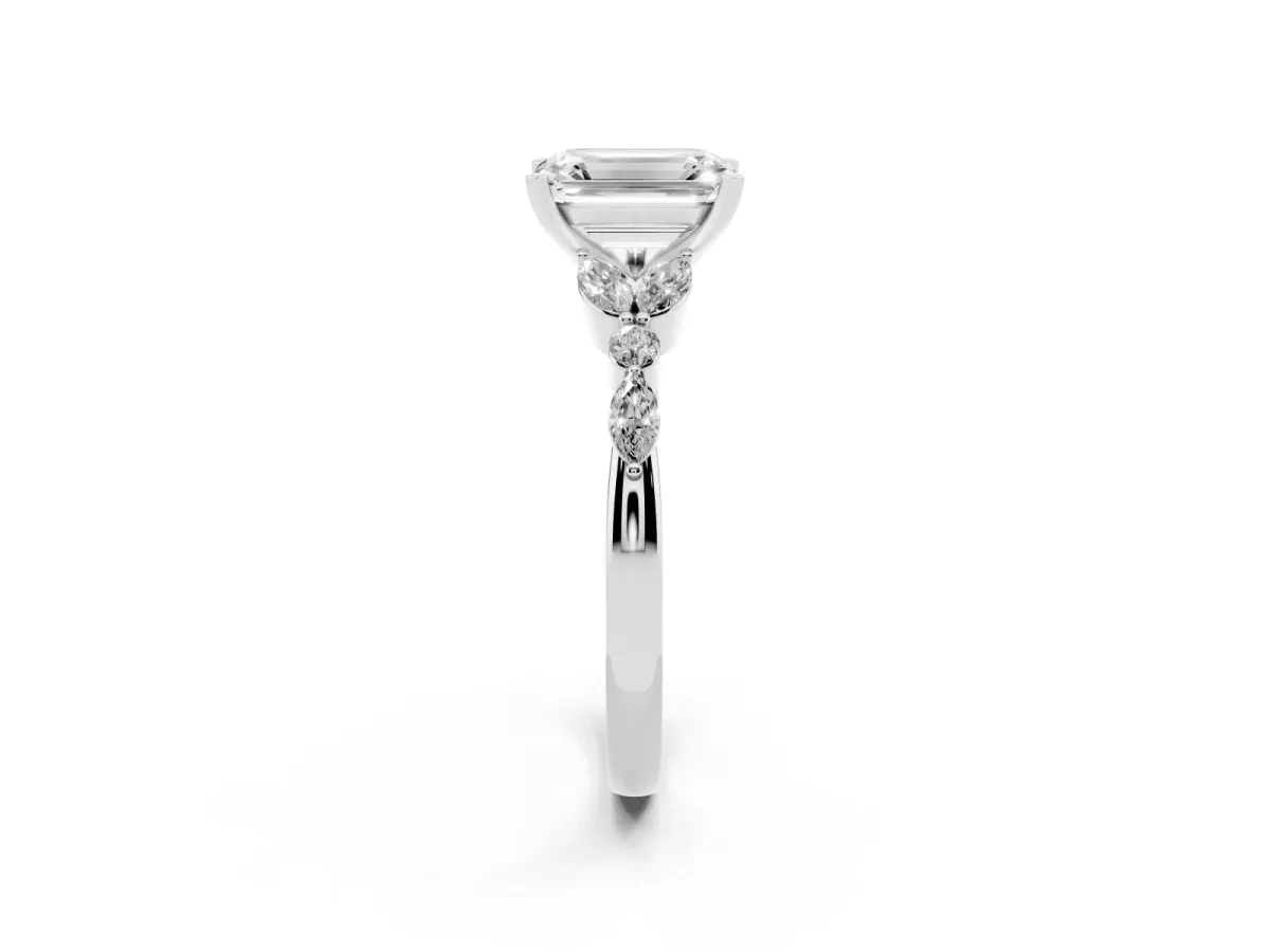 Emerald Cut Diamond Solitaire Ring with Side Stones and Four-Prong Setting Platinum