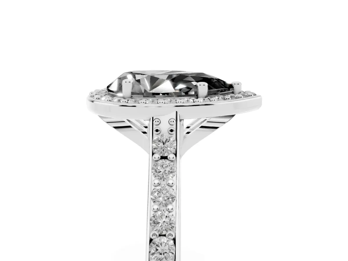 Fancy Black Pear Cut Diamond Halo Engagement Ring with Round Pavé Shoulders and Prong Setting Platinum