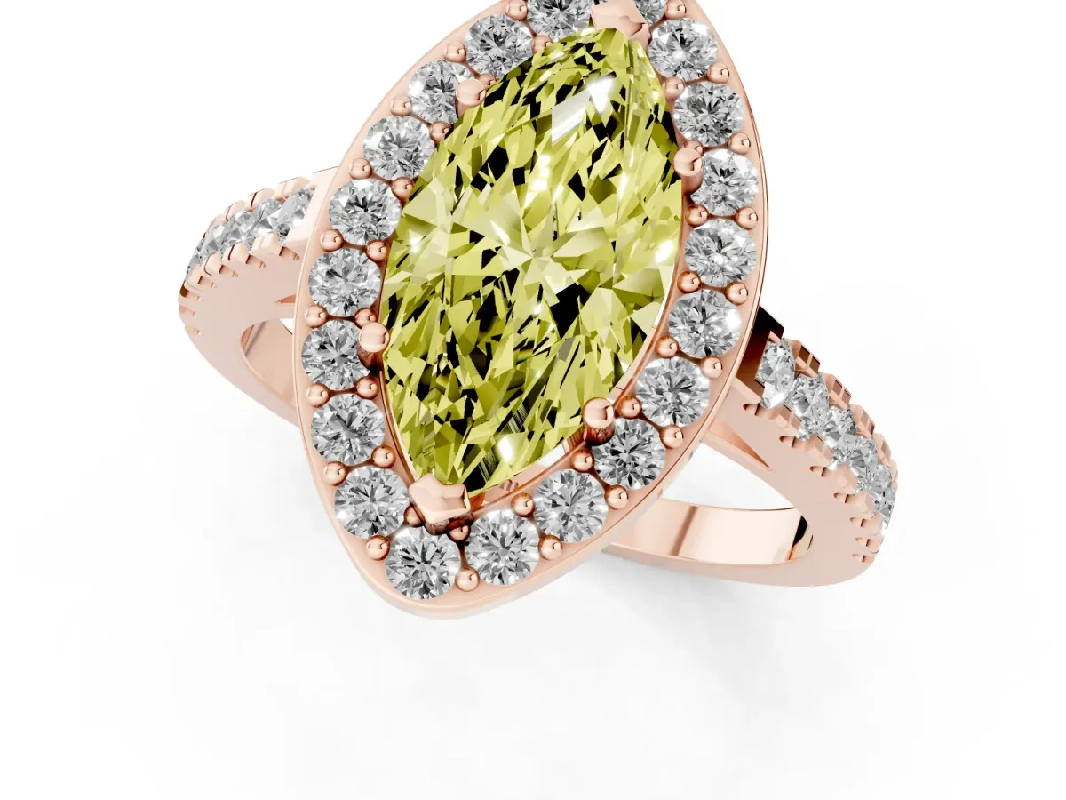 Fancy Yellow Marquise Cut Diamond Halo Ring with Round Pavé Split Shank and Prong Setting Rose gold