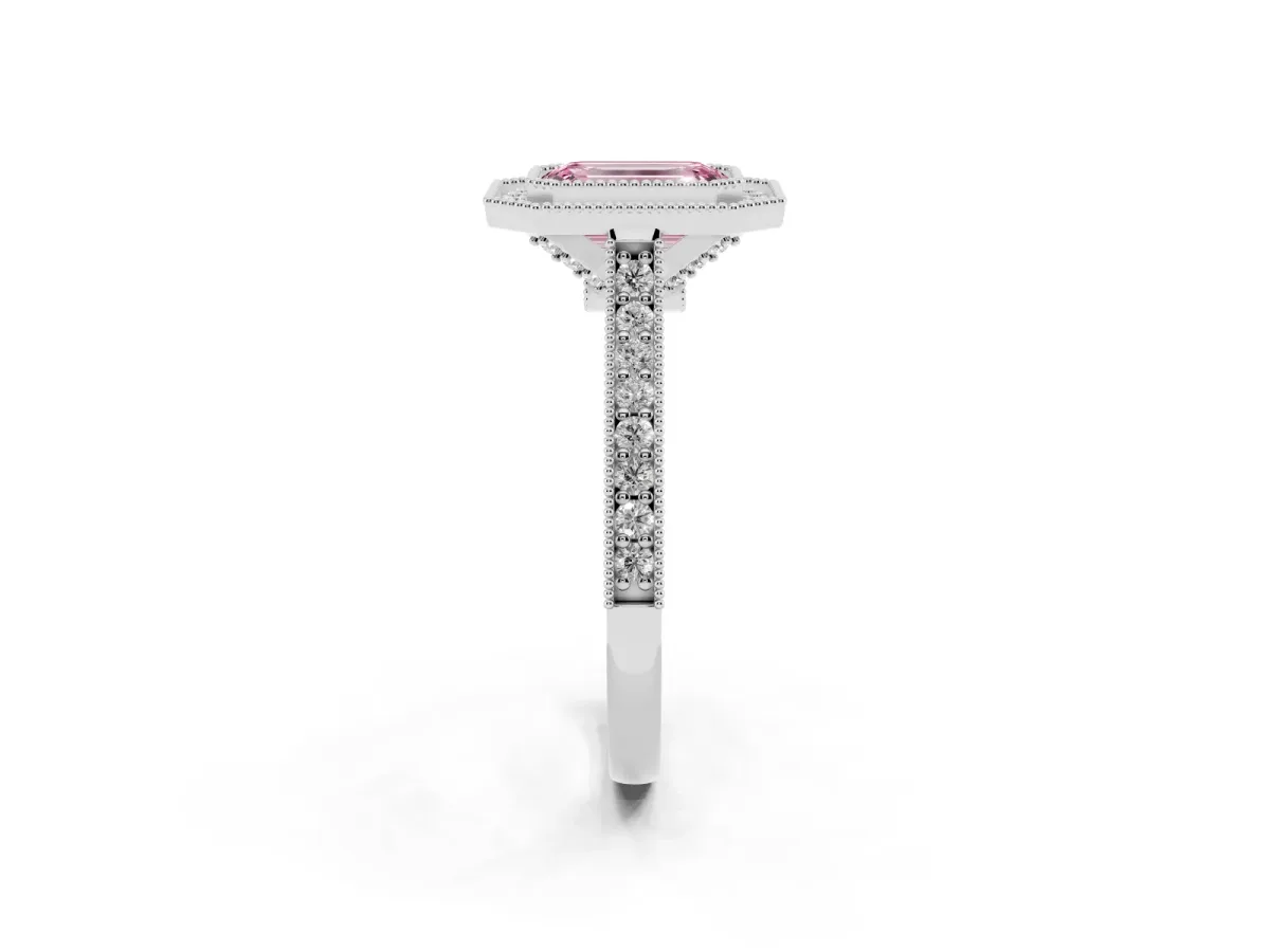 Fancy Pink Halo Emerald Cut-Cut Diamond Pave Band Milgrain Prong Setting Ring Silver
