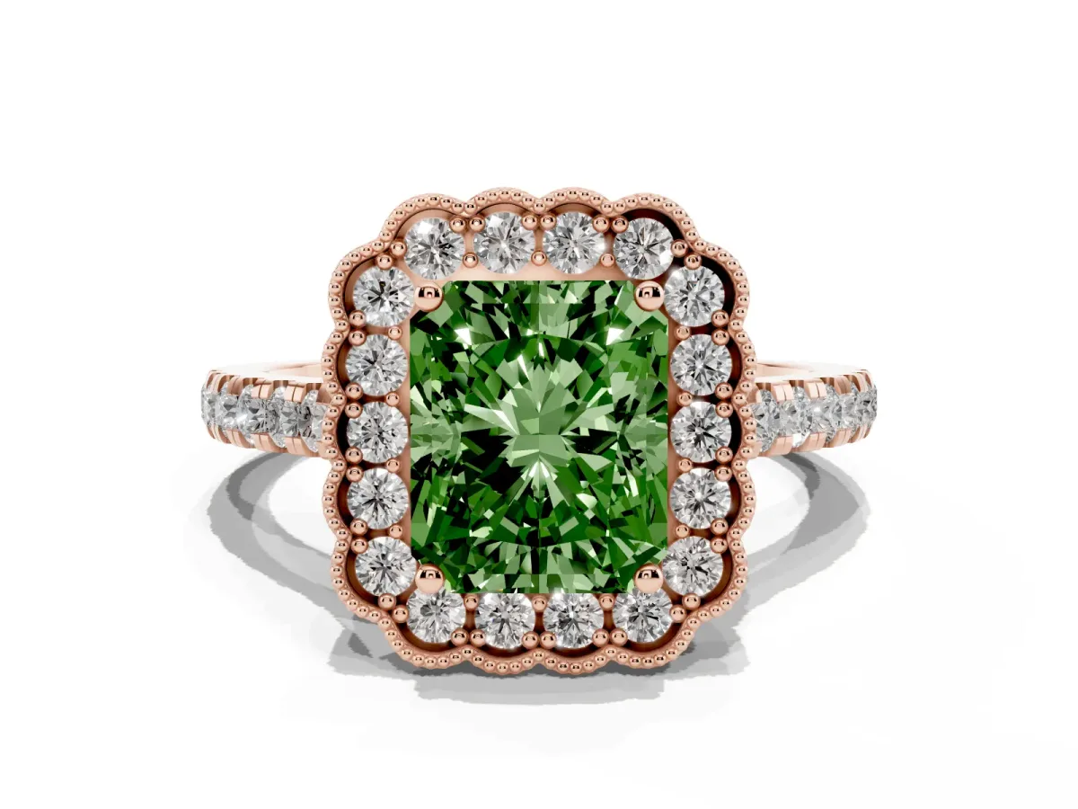 Fancy Green Radiant Cut Cut Diamond Milgrain Floral Halo Engagement Ring with Pavé Band Rose gold