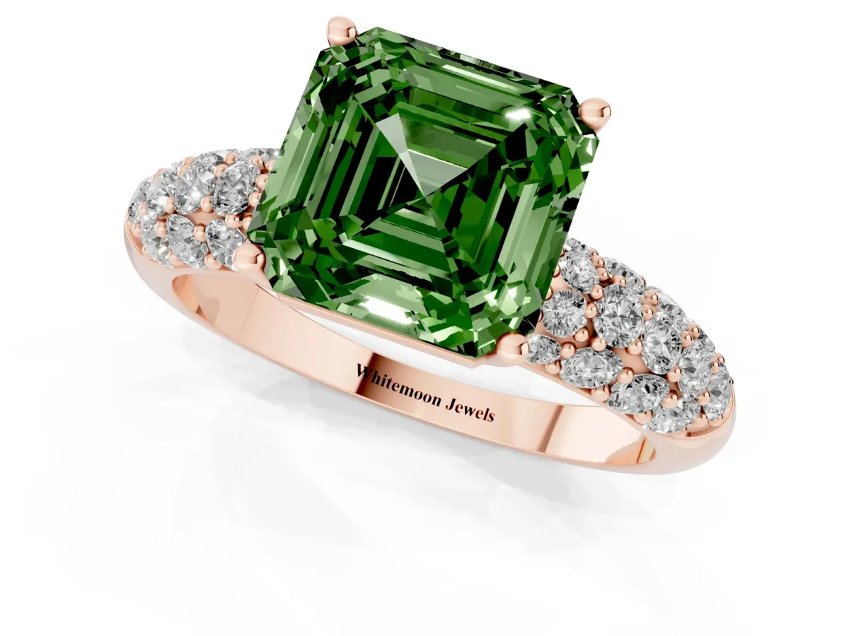 Fancy Green Asscher Cut Diamond Pavé Band Solitaire Ring with Four-Prong Setting Rose gold