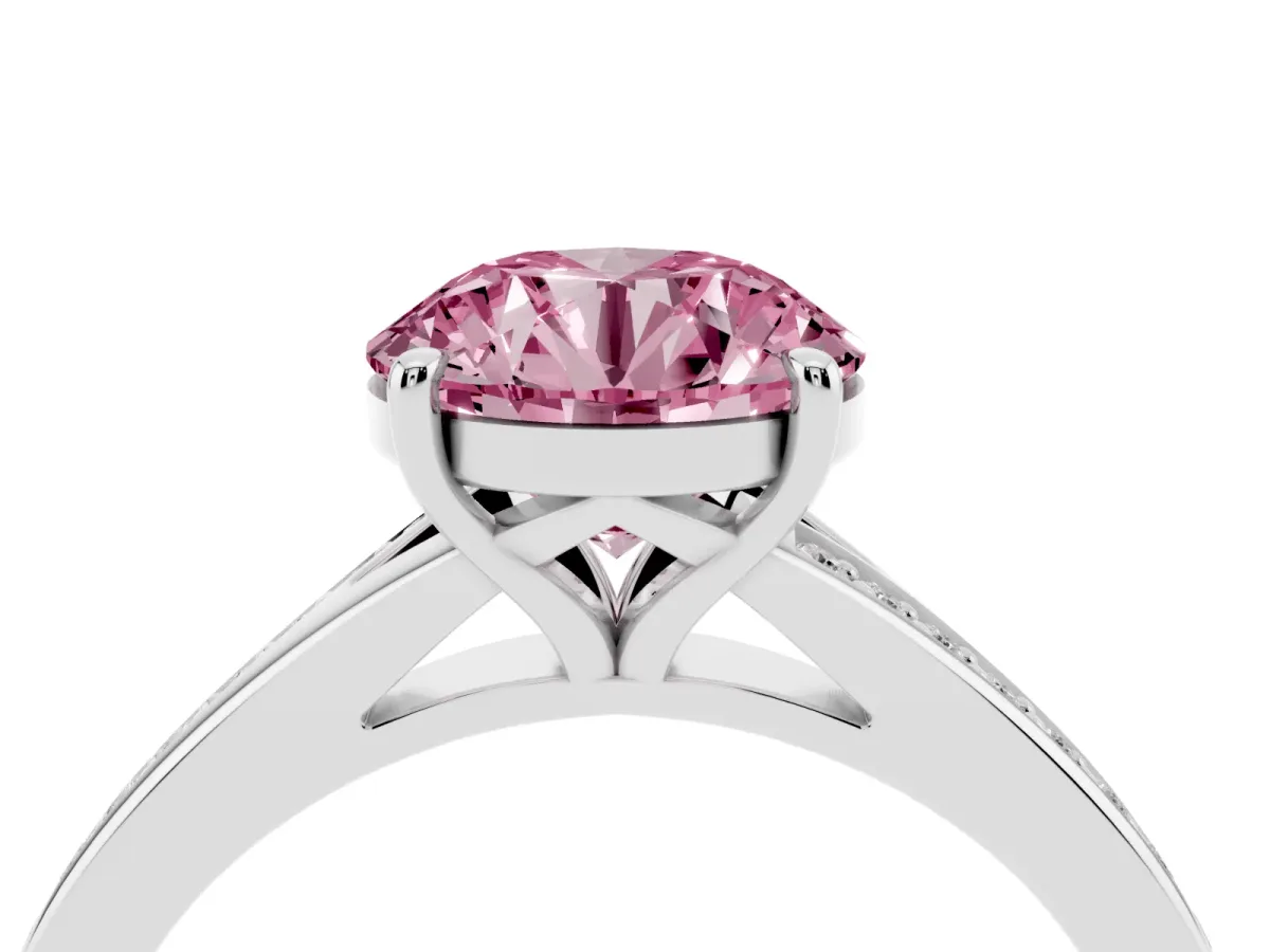 Fancy Pink Round Cut Diamond Solitaire Ring with Pavé Band and Prong Setting Silver