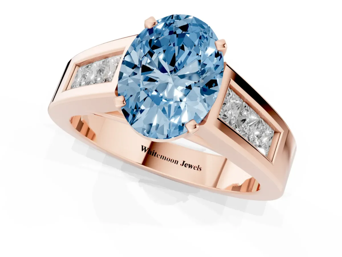 Fancy Blue Oval Cut Cut Channel Set Solitaire Ring with Four-Prong Setting Rose gold