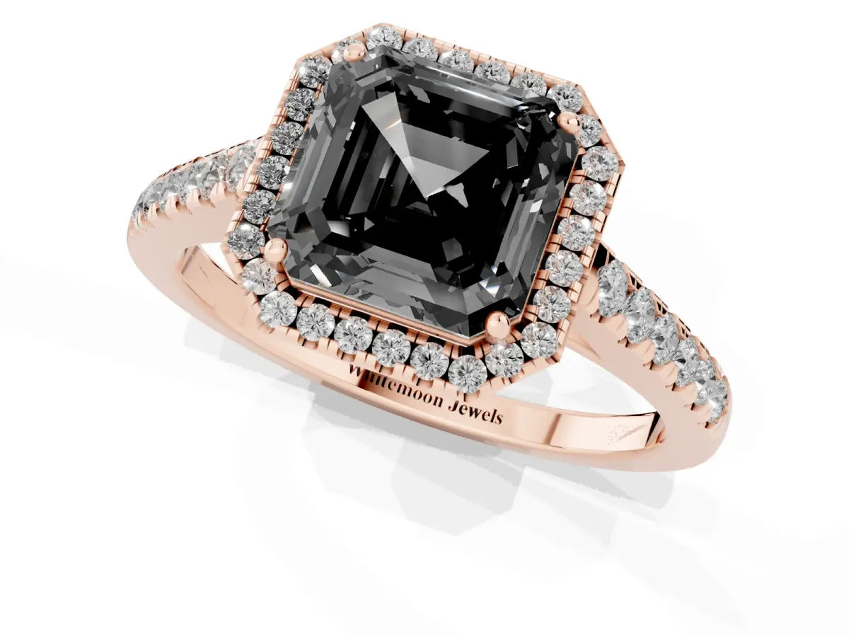 Fancy Black Asscher Cut Halo Pave Diamond Engagement Ring with Four-Prong Setting Rose gold