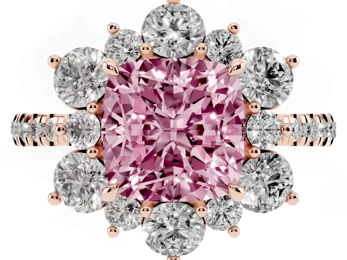 Fancy Pink Cushion Cut Diamond Floral Halo Ring with Round Pavé Band and Prong Setting Rose gold