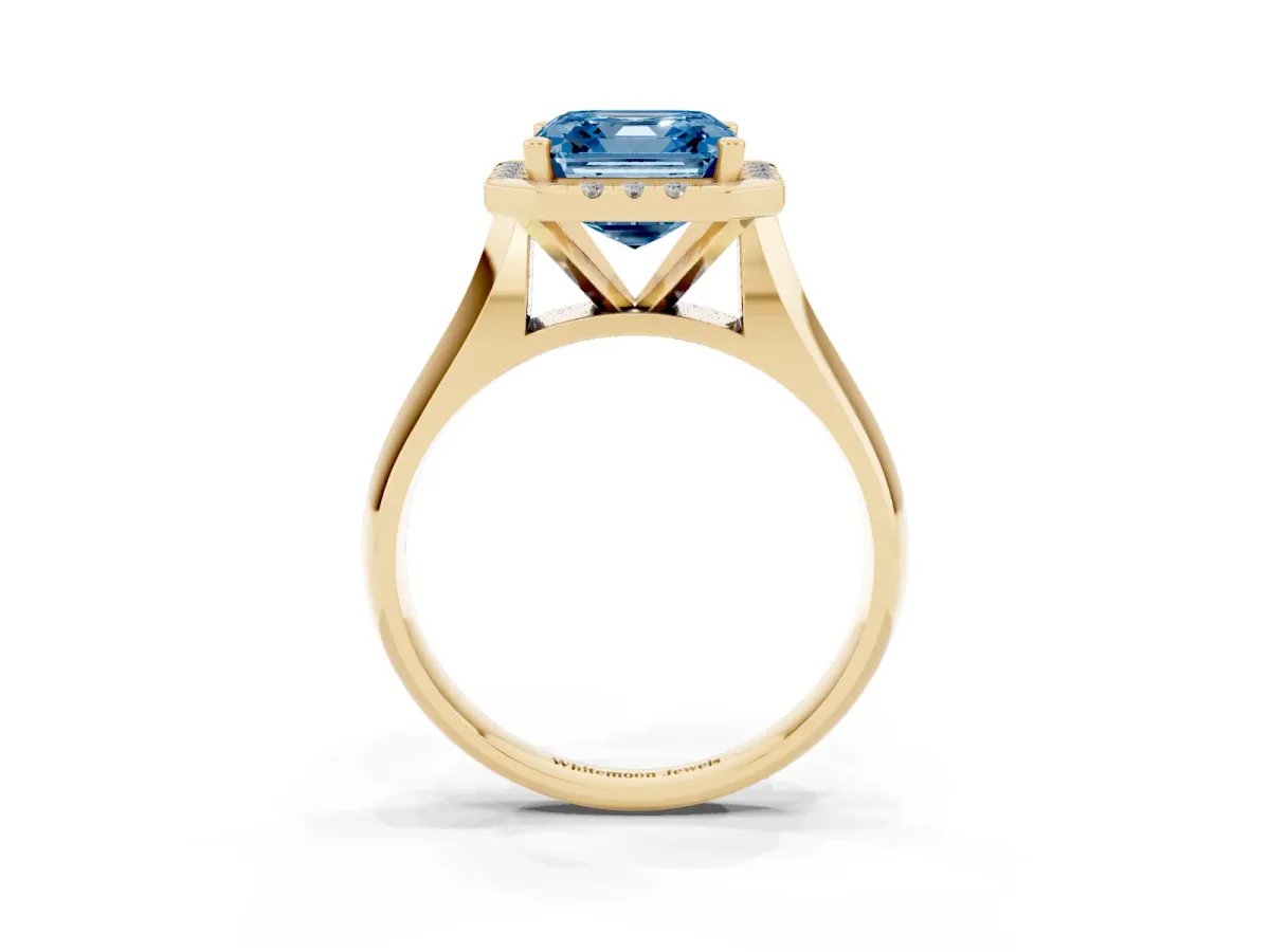 Fancy Blue Asscher Cut Cut Halo Solitaire Engagement Ring with Square Band and Four-Prong Setting Yellow gold