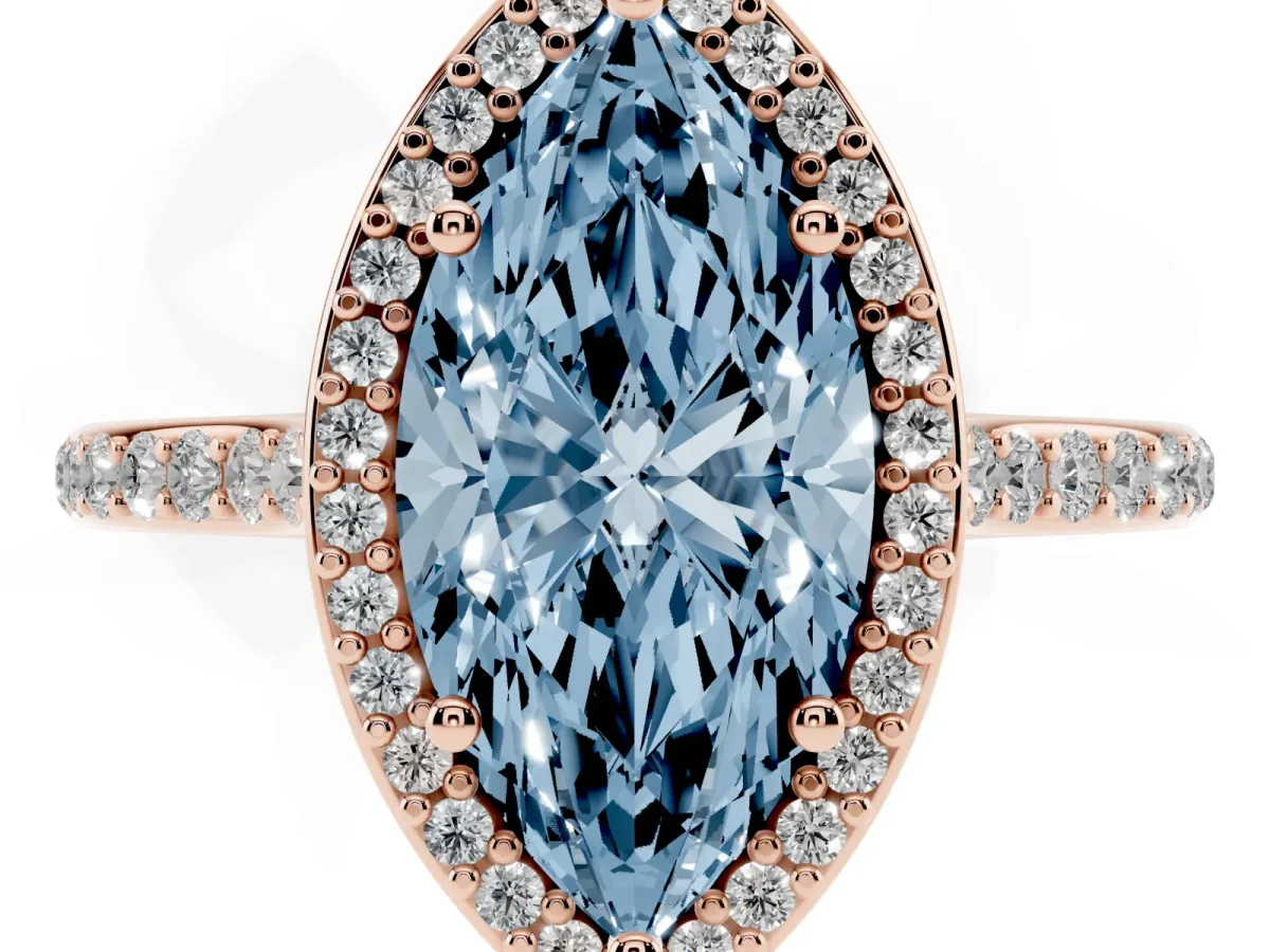 Fancy Blue Marquise Cut Diamond Halo Engagement Ring with Round Pavé Shoulders and Prong Setting Rose gold