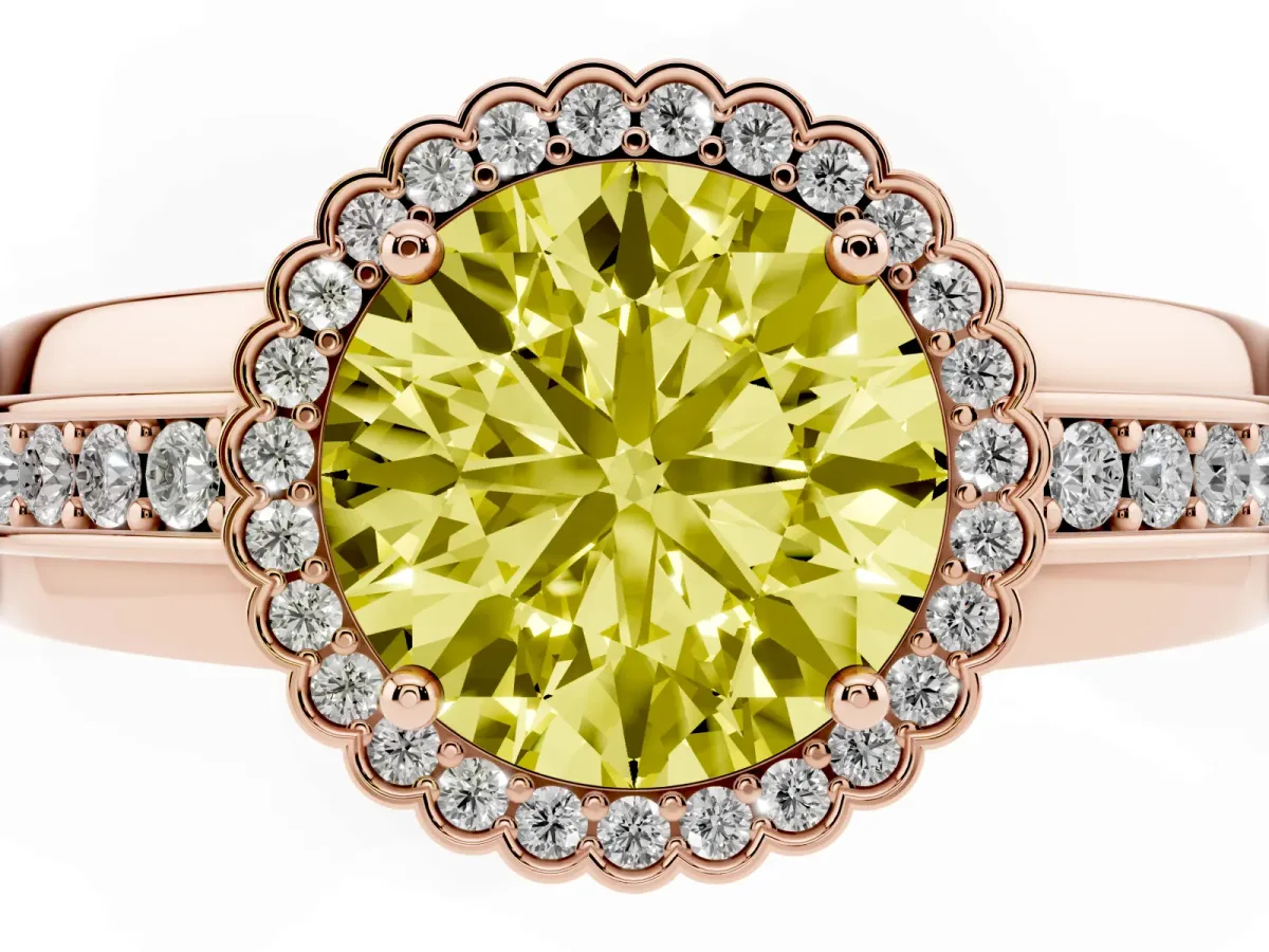 Fancy Yellow Round Cut Cut Halo Pave Band Four-Prong Ring Rose gold
