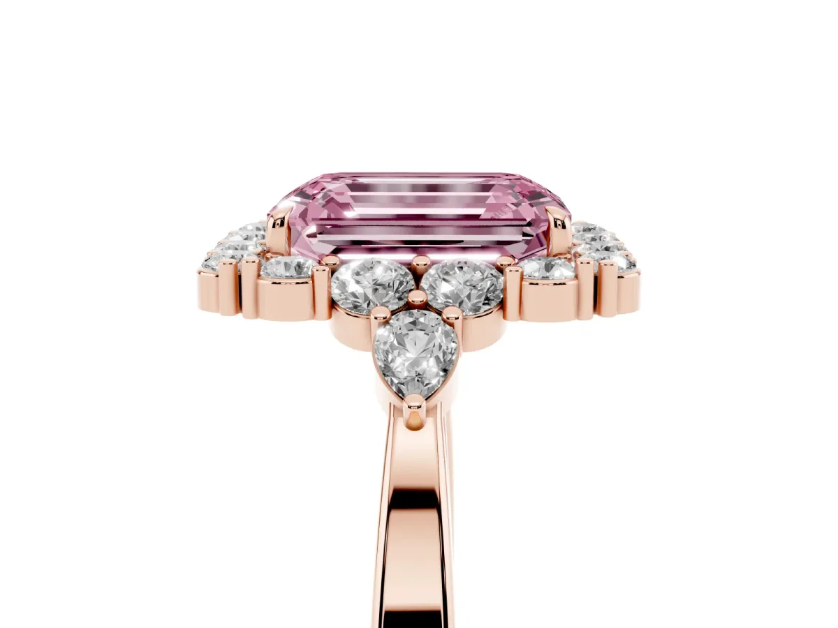 Fancy Pink Emerald Cut Diamond Halo Ring with Pear Side Stones and Prong Setting Rose gold