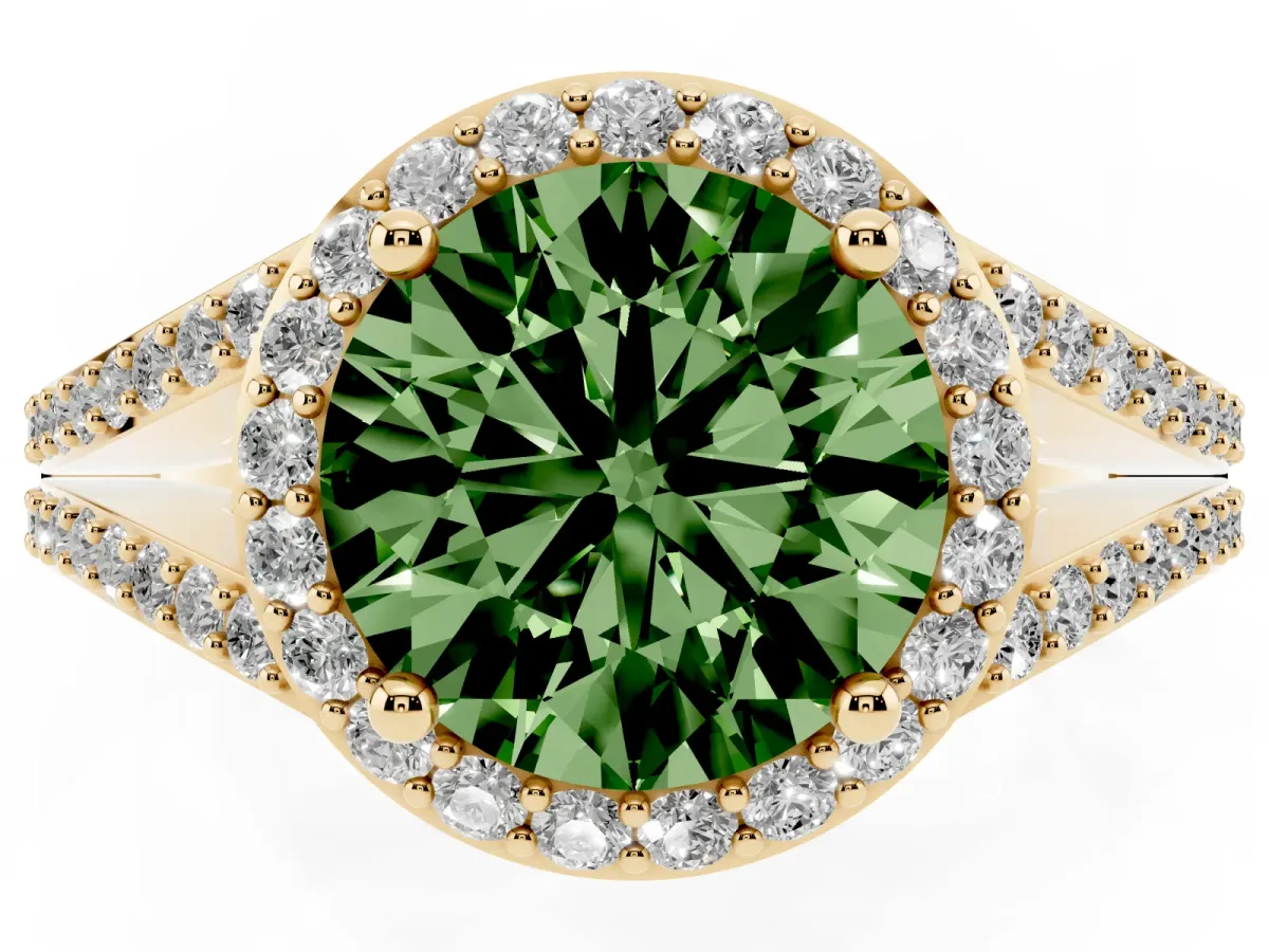 Fancy Green Round Cut Halo Split Shank Pave Diamond Ring with Four-Prong Setting Yellow gold