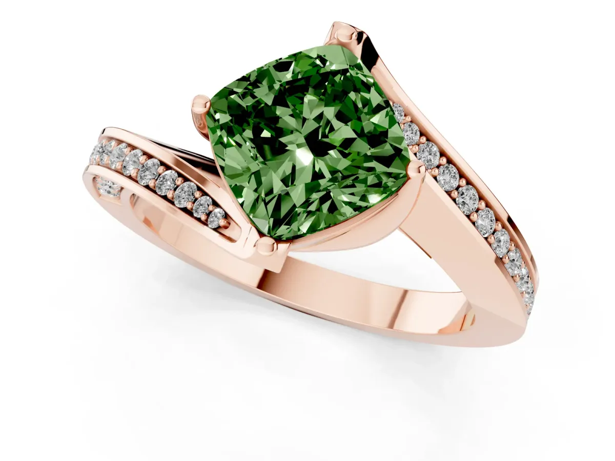 Fancy Green Cushion Cut Solitaire Diamond Twist Band with Pavé Setting and Four-Prong Setting Rose gold