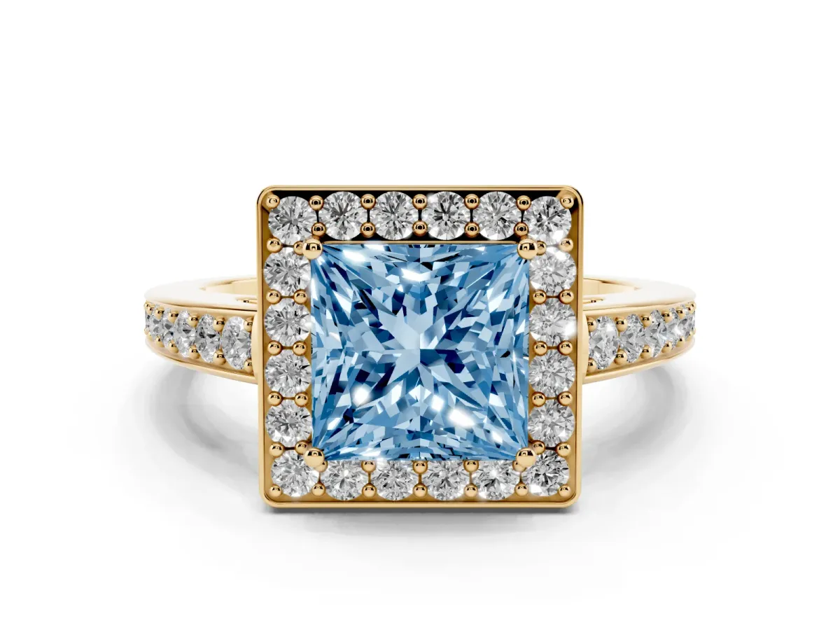 Fancy Blue Princess Cut Halo Pavé Diamond Engagement Ring with Bezel Setting Yellow gold