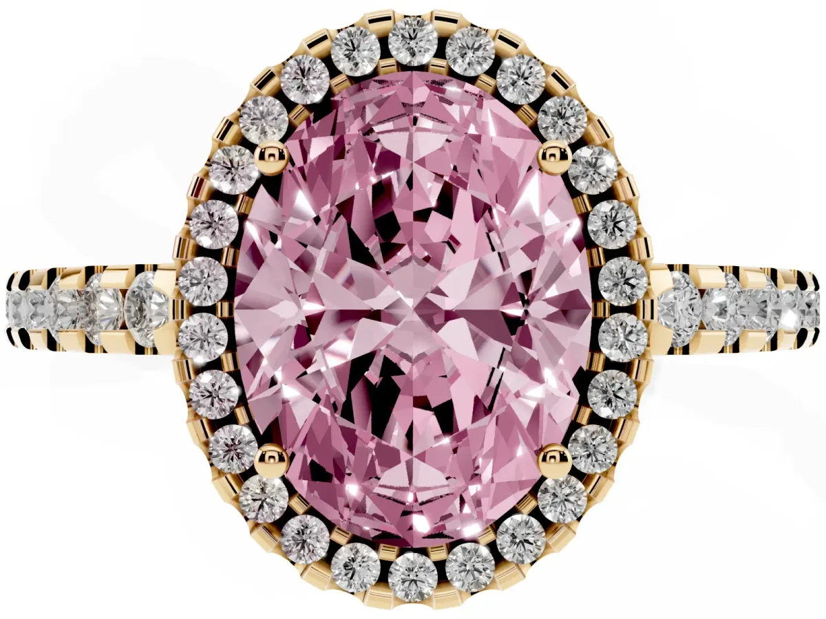 Fancy Pink Oval Cut Diamond Halo Engagement Ring with Pavé Band and Prong Setting Yellow gold