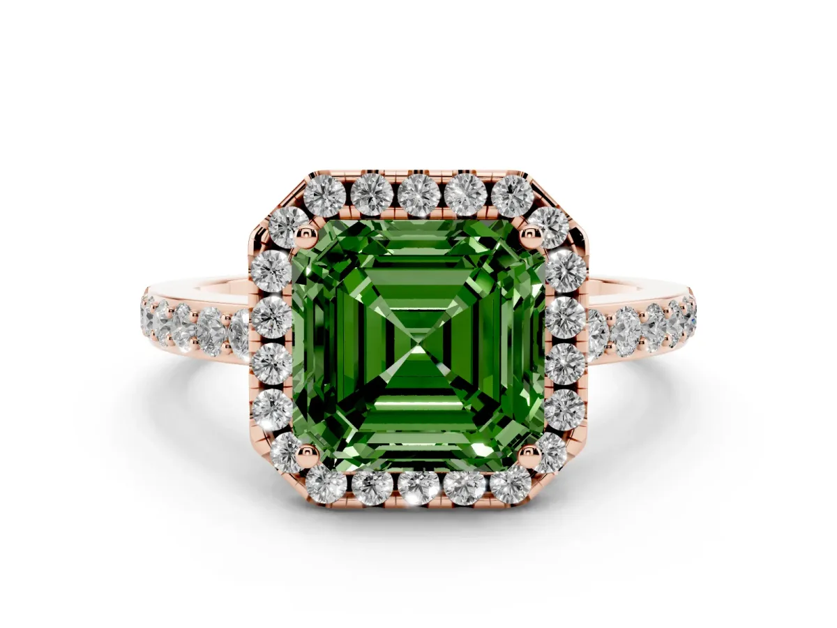Fancy Green Asscher Cut Halo Diamond Pavé Band Ring with Prong Setting Rose gold