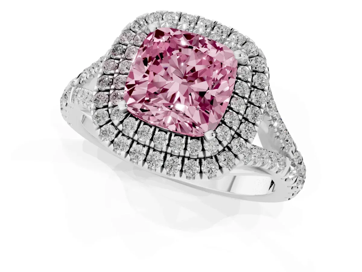 Fancy Pink Cushion Cut Diamond Pavé Split Shank Double Halo Engagement Ring Silver