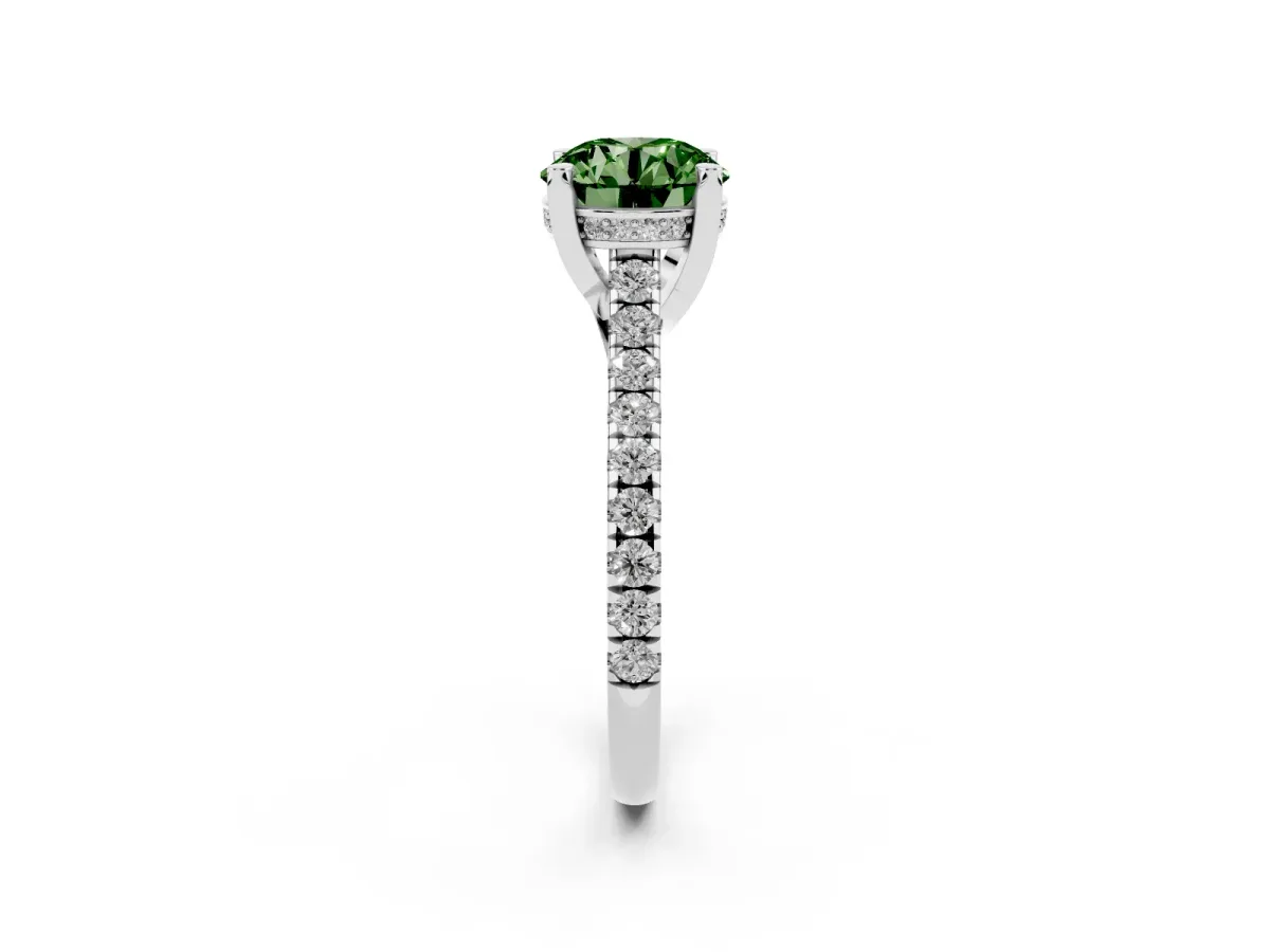 Fancy Green Round Cut Brilliant Diamond Solitaire with Pavé Band and Four-Prong Setting White gold