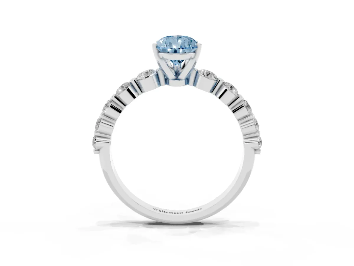 Fancy Blue Pear Cut Solitaire Diamond Ring with Pave Band and Four-Prong Setting Silver